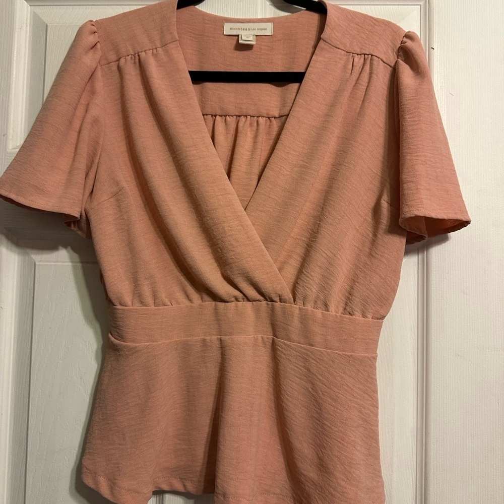 Monteau Pink Flutter Sleeve Wrap Peplum Blouse